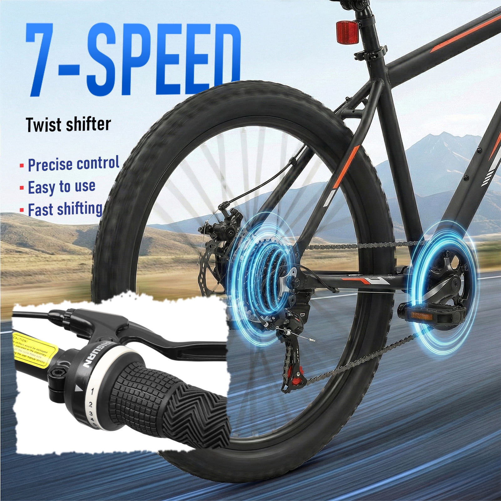 Ktaxon 24 Inch Fat Tire Mountain Bike 7 Speed, Dual Disc Brakes, Twist Shifter Bike for 5'4"+, Black