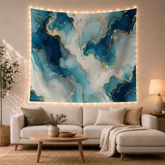 Blue Agate Swirls in Gold-Veined Currents, Serene Abstract for Art Lovers, Mineral Wall Art, Housewarming Gift, Tapestry Wall Hanging for Bedroom, Living Room and Studio
