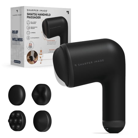 Sharper Image® Shiatsu Handheld Massager, Cordless Rechargeable Electric Massager, Deep Tissue, 4 Speed Settings, 4 Interchangeable Attachments, Ergonomic Handle, USB-C Charging