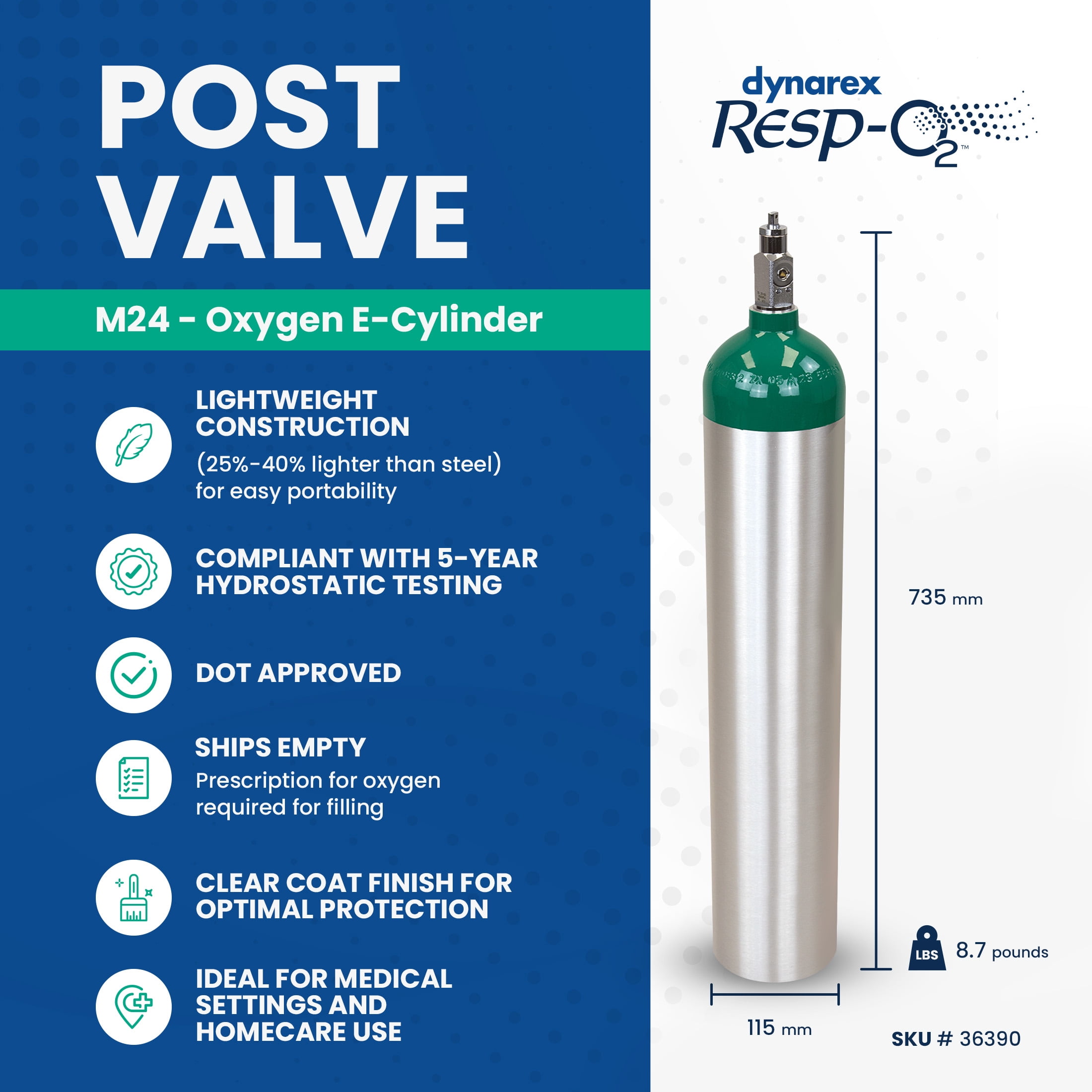 Dynarex Resp-O2 M24 Oxygen E-Cylinder with CGA 870 Post Valve - 4.6L Standard Size Oxygen Cylinder - Lightweight Aluminum Portable Tank with 680L Oxygen Capacity