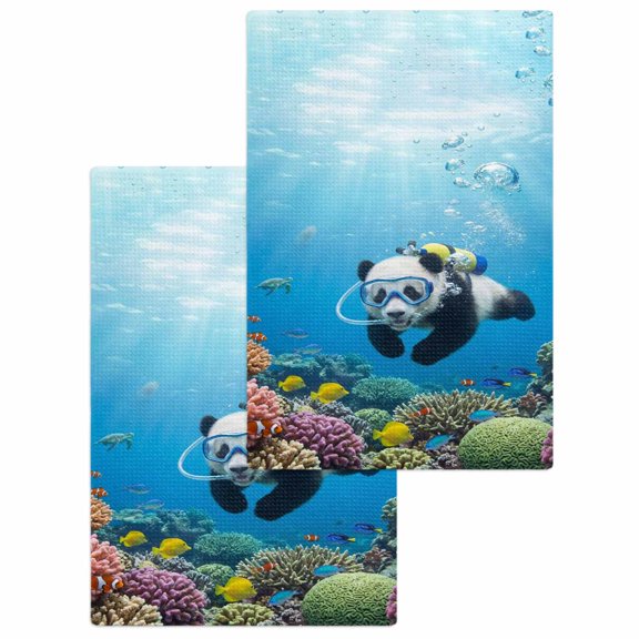 Funny Diving Panda Kitchen Dish Towels for Drying Dishes Set of 2, Ocean Sea Coastal Coral Fish Marine Life Waffle Weave Microfiber Hand Tea Bathroom Towels Quick Dry & Absorbent Towel 15.7x23.6