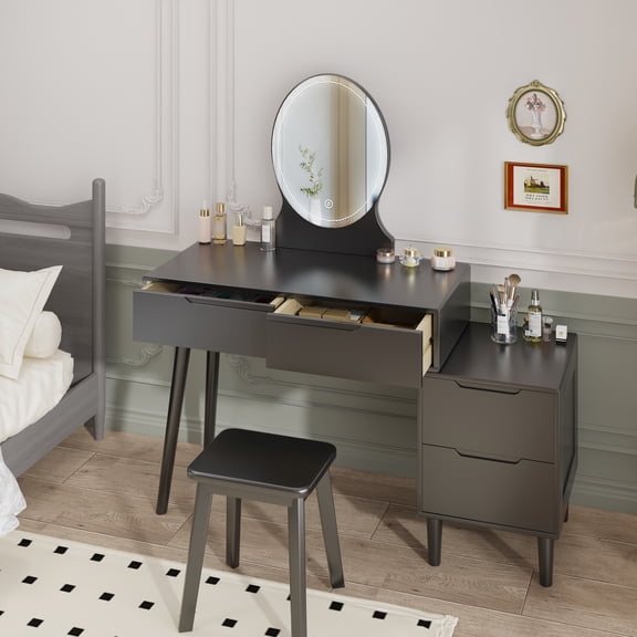 BALANBO Vanity Desk, Wood Makeup Vanity with LED Mirror and Lights, Dressing Table Set with Stool for Women Girls Bedroom, Black