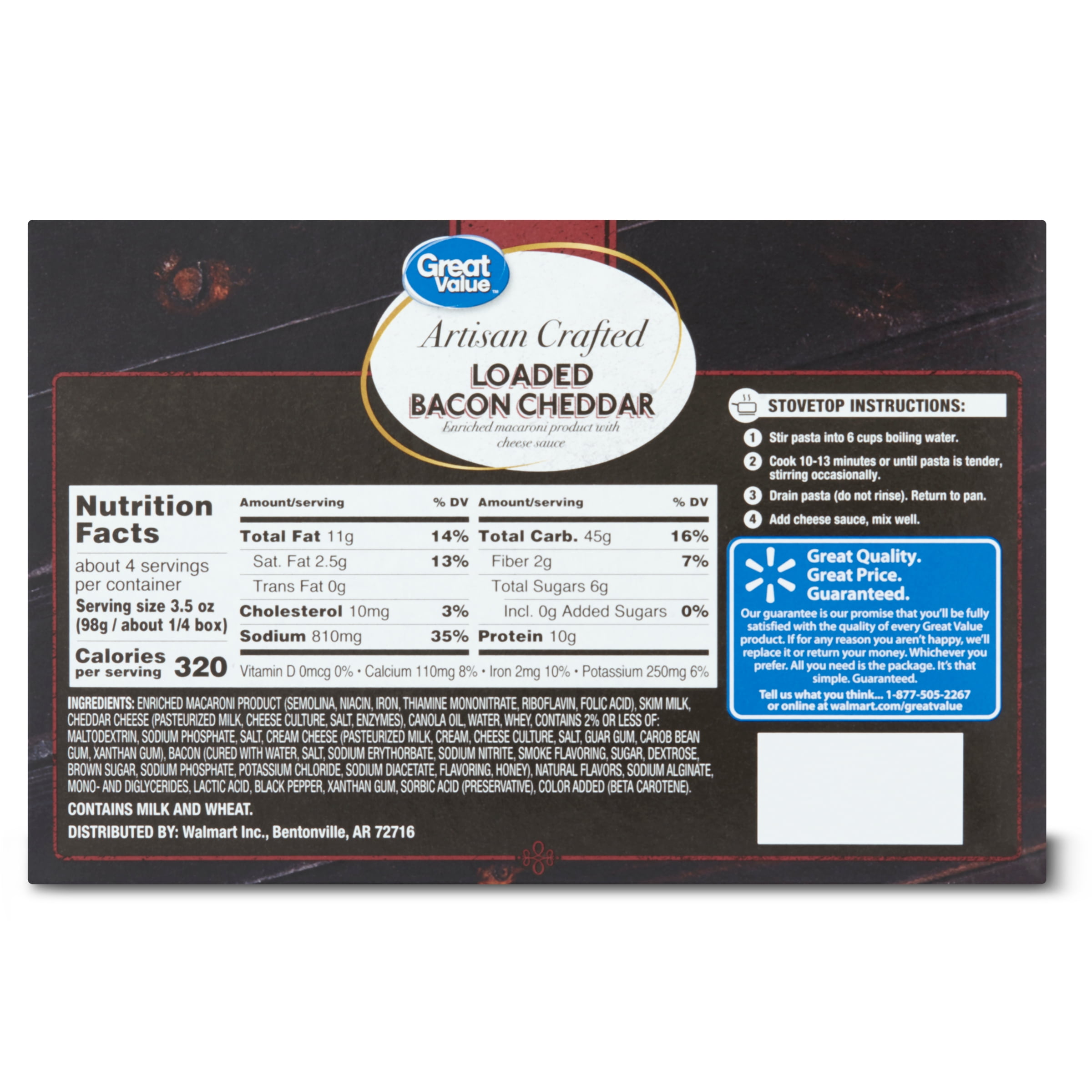Great Value Artisan Crafted Loaded Bacon Cheddar Macaroni, 12 oz Shelf Stable