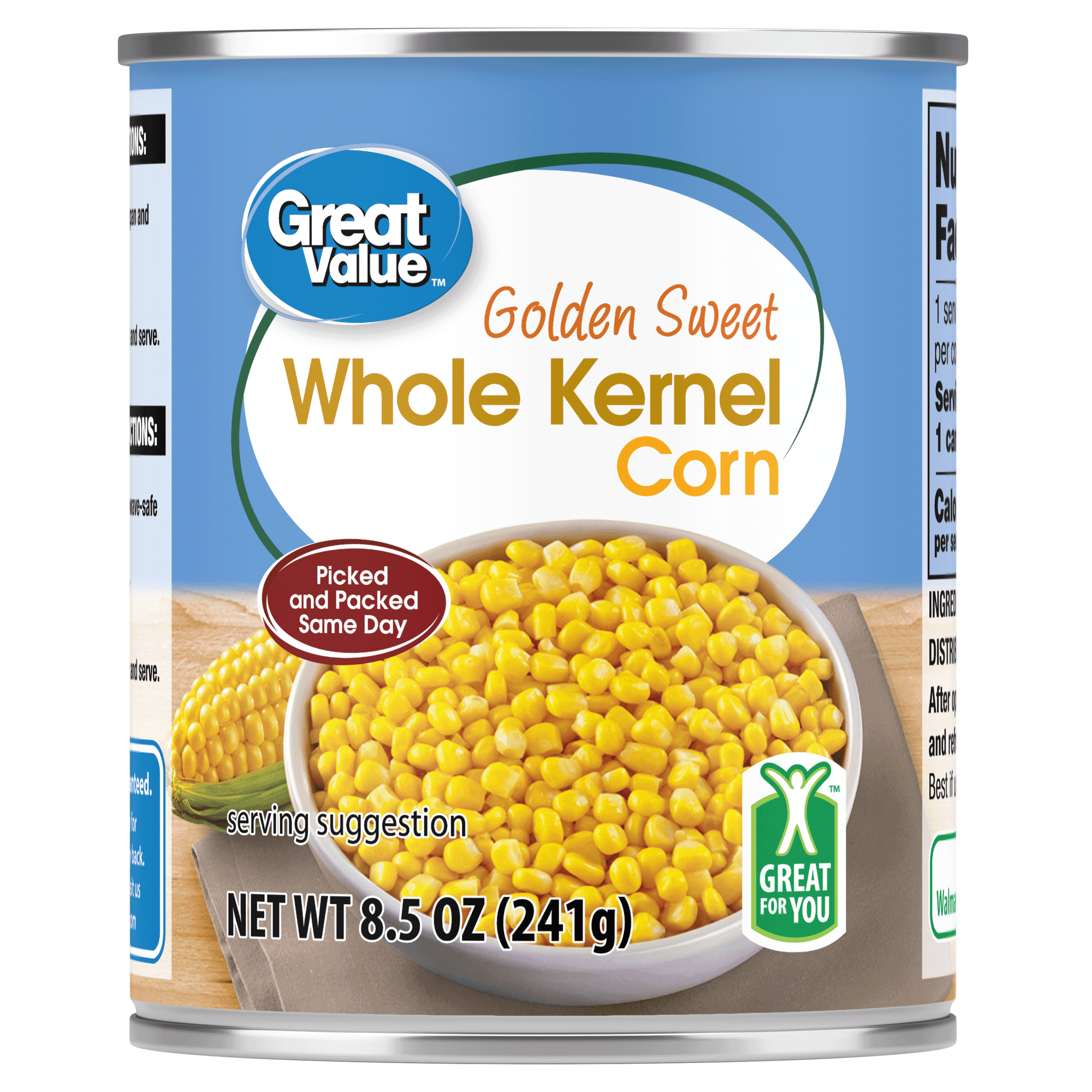 Great Value Golden Sweet Whole Kernel Corn, 8.5 oz Can