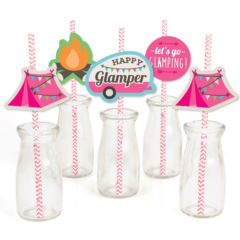 Let's Go Glamping - Paper Straw Decor - Camp Glamp Party or Birthday Party Striped Decorative Straws - Set of 24