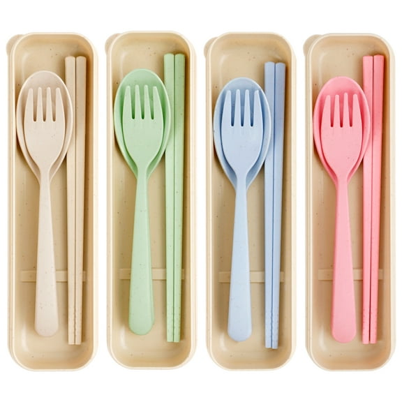 CUGBO Wheat Straw Spoon Chopstick Fork Tableware Set, Set of 4 Unbreakable Eco Friendly Non-toxin BPA Free Cutlery Utensils for Travel, Picnic, Camping or Daily Use, Multi-Color with Storage Case