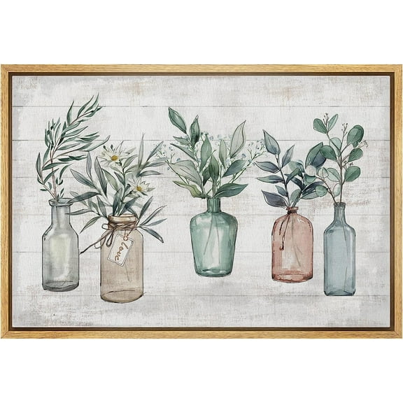PixonSign Framed Canvas Print Wall Art Wood Panel Rustic Wildflowers In Vases Nature Wilderness Illustrations Modern Art Botanical Floral Farmhouse/Country Relax/Calm/Cozy - 16"x24" Natural