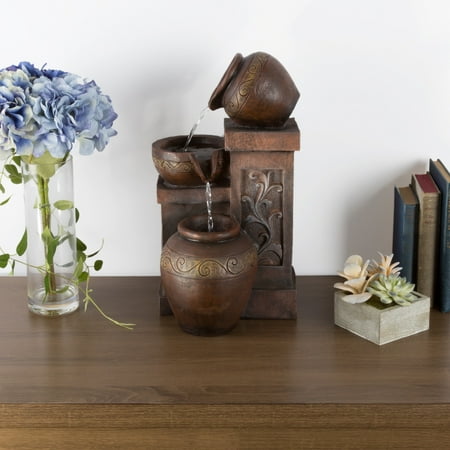 - Pure Garden Tabletop Water Fountain With Rustic Jugs and LED Lights - Tiered Vase Table Fountain by