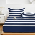 thumbnail image 6 of Cal.King Size Fitted Sheet Set - Navy Blue Stripe 3 Piece Bedding Sets 16" Deep Pocket Fitted Sheet with 2 Pillowcases, Modern Simple Geometric White Striped Brushed Microfiber Hotel Bed Sheets, 6 of 9
