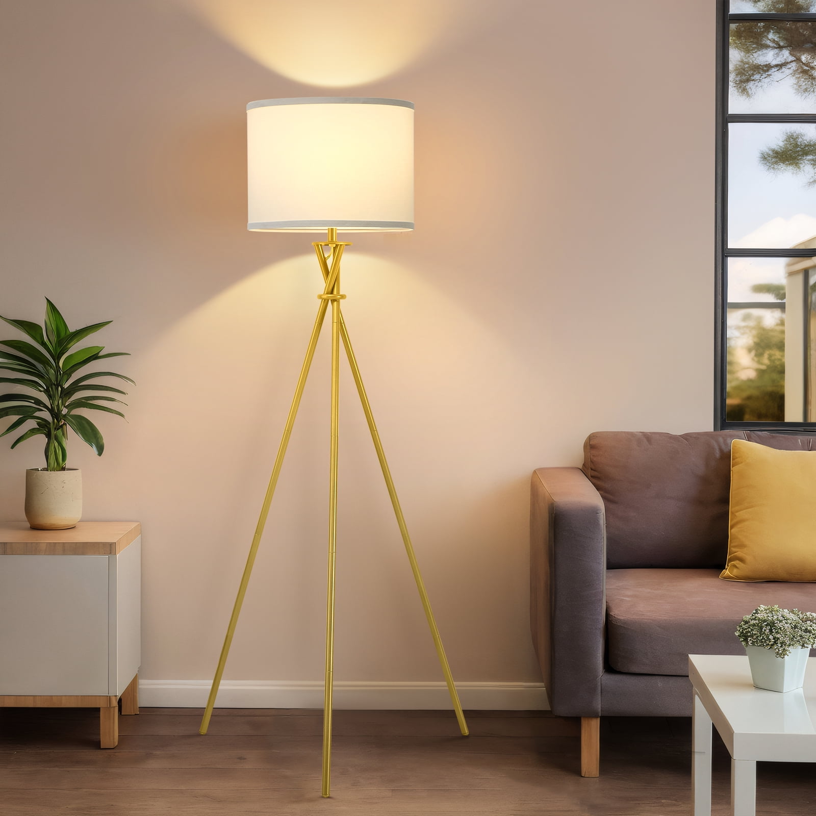 NATYSWAN 61" Gold Tripod Floor Lamp with White Shade photo 1