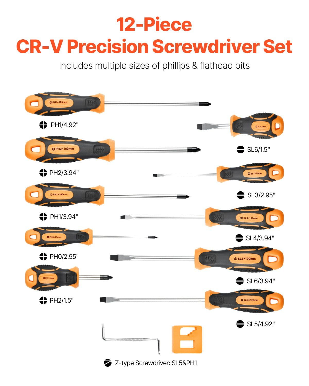 12-Piece Magnetic Screwdriver Set with 5 Phillips & 5 Slotted Tips, Magnetizer/Demagnetizer Tool - For Electronics & Household Repair