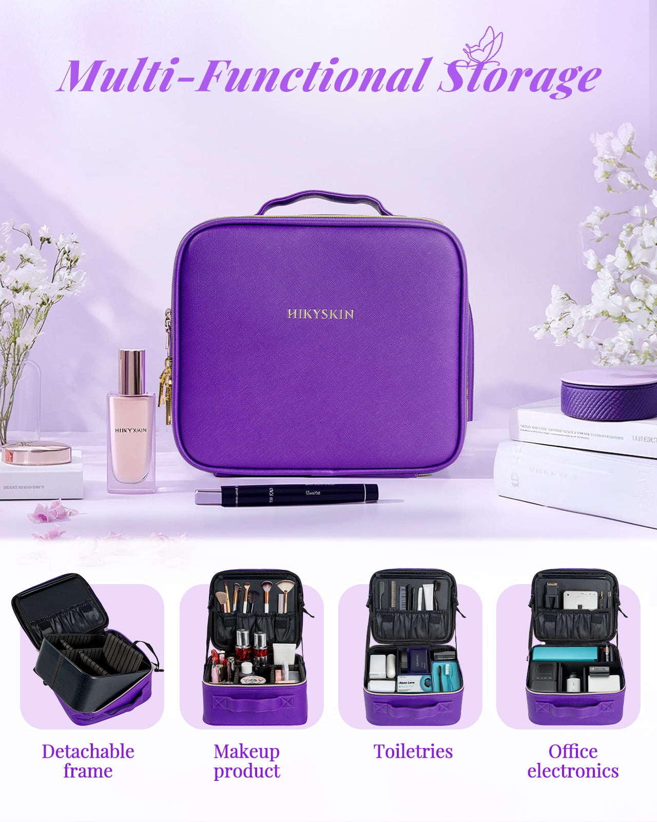 Makeup Bag with Mirror of LED Lighted, Travel Makeup Train Case with Adjustable Dividers, Portable Makeup Cosmetic Bag Organizer(Purple)