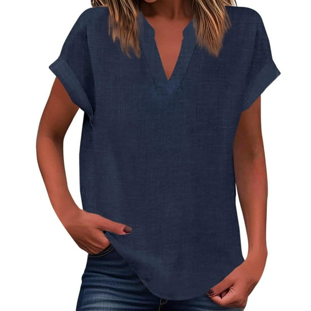 Vestidos Casuales Para Mujer, Blusas De Mujer De Moda Suéter de mujer de color liso de imitación de lino y lino con hombros descubiertos y cuello en V de manga corta a la moda