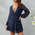 thumbnail image 2 of Liacowi Lace Floral Short Dress for Women Elegant Fashion Lantern Long Sleeve Deep V Neck A-Line Mini Dress Party Office Wear, 2 of 7