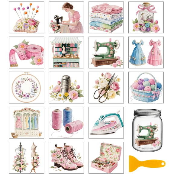 18 Sheets Vintage Sewing Kit Rub on Transfers Sewing Machine Waterproof UV DTF Cup Wraps Decals 3.9x3.6inch Clothes Transfer Stickers