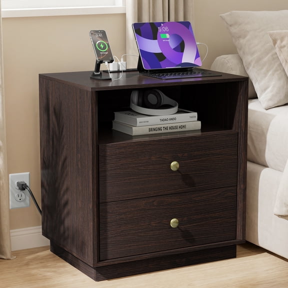 Walnut Nightstands with Charging Station, 2 Drawers & Open Shelf, Wide Bedside Tables for Bedroom, End Side Table