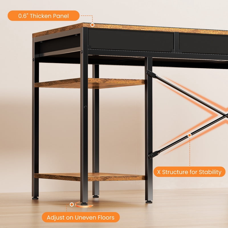 Gianna 47" Computer Desk with 6 Drawers, Home Office Gaming Desks with Storage Shelves for Bedroom, Writing Study Corner Living Room Work Table Rustic Brown