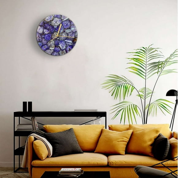 Writings on the Wall Purple Agate Gemstone Round Clock with Leafing, Stylish and Latest, Handmade, Quartz Mechanism, Gold, 17 inch, Wall Mount, Round