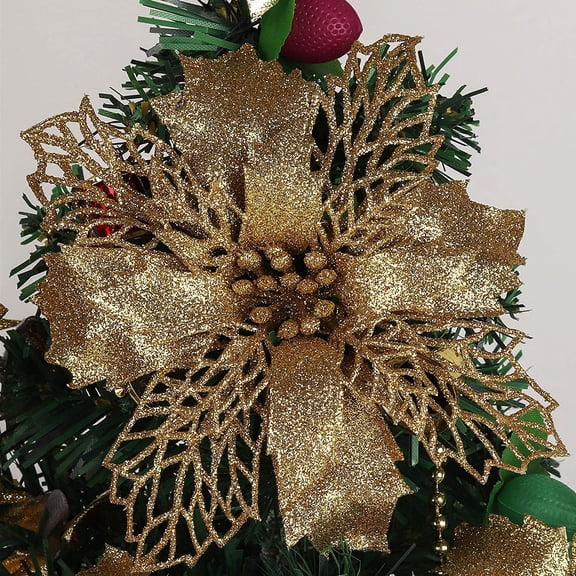 10 Pieces Glitter Artificial Poinsettia Flower Christmas Wreath Christmas Tree Flowers, Glitter Gold 6" Artificial Flowers Picks Decor Wreath Garland Holiday (Silver)