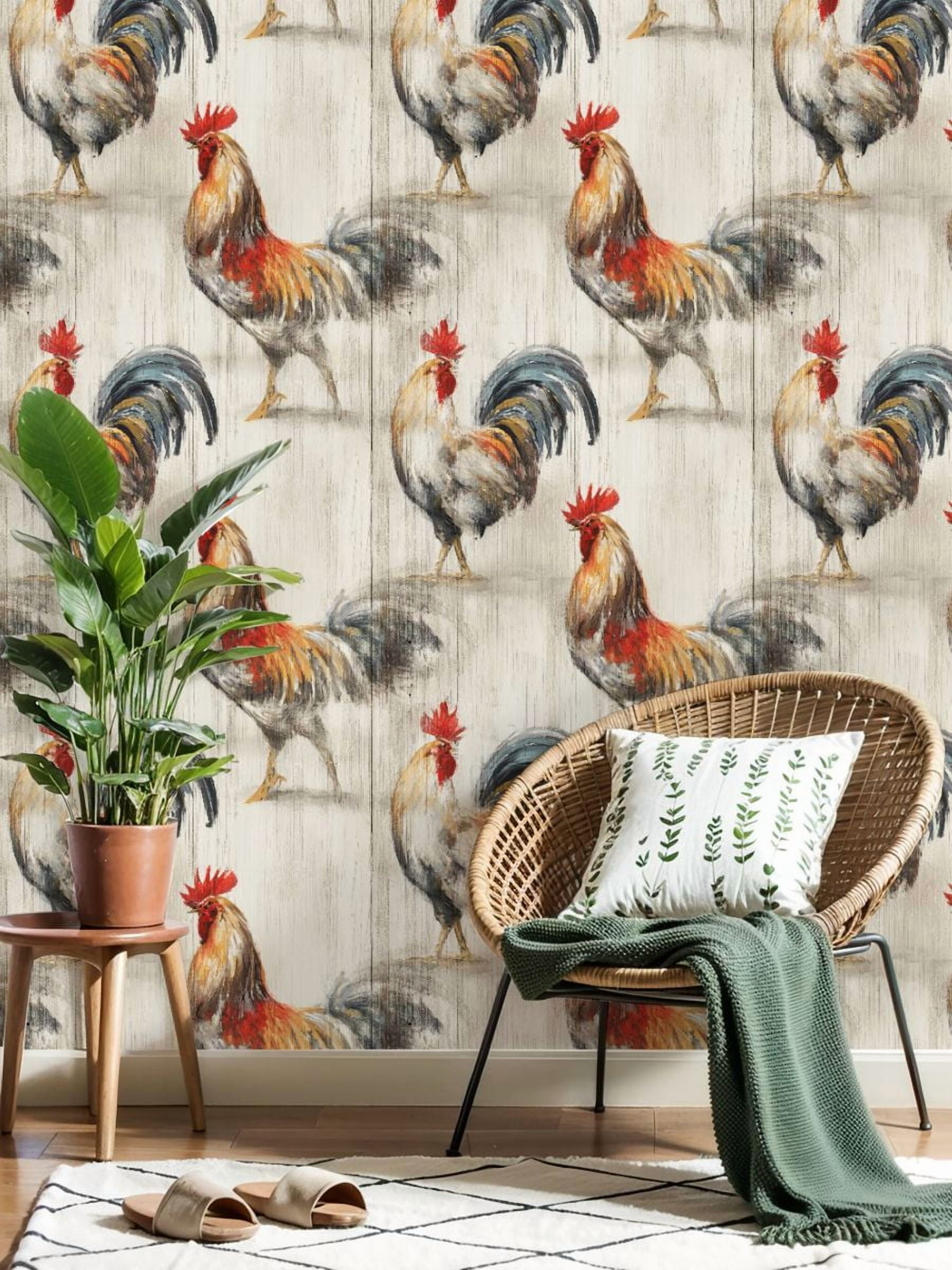 Farmhouse Peel and Stick Wallpaper 17.7in x 9.8ft Colorful Roosters Artistic Brushstroke Style Rustic Wood Contact Paper Vinyl Waterproof Self Adhesive Wall Paper for Bedroom Cabinet Renter Friendly