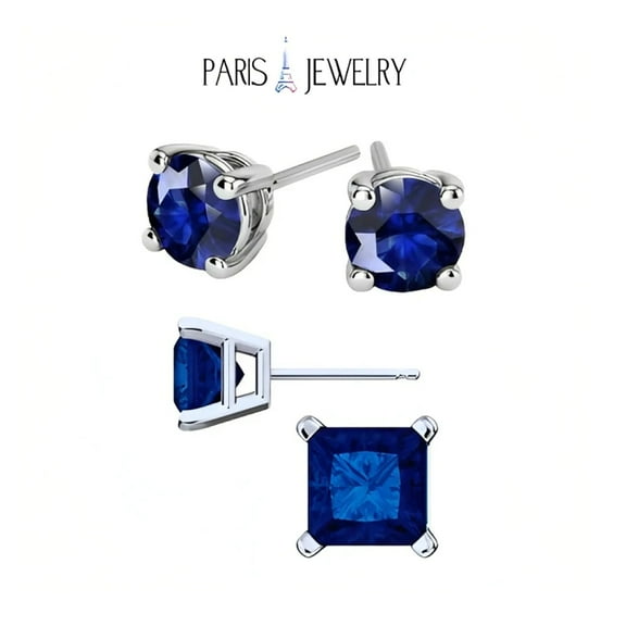Paris Jewelry 18k White Gold 2 Pair Created Blue Sapphire 6mm Round & Princess Cut Stud Earrings Plated