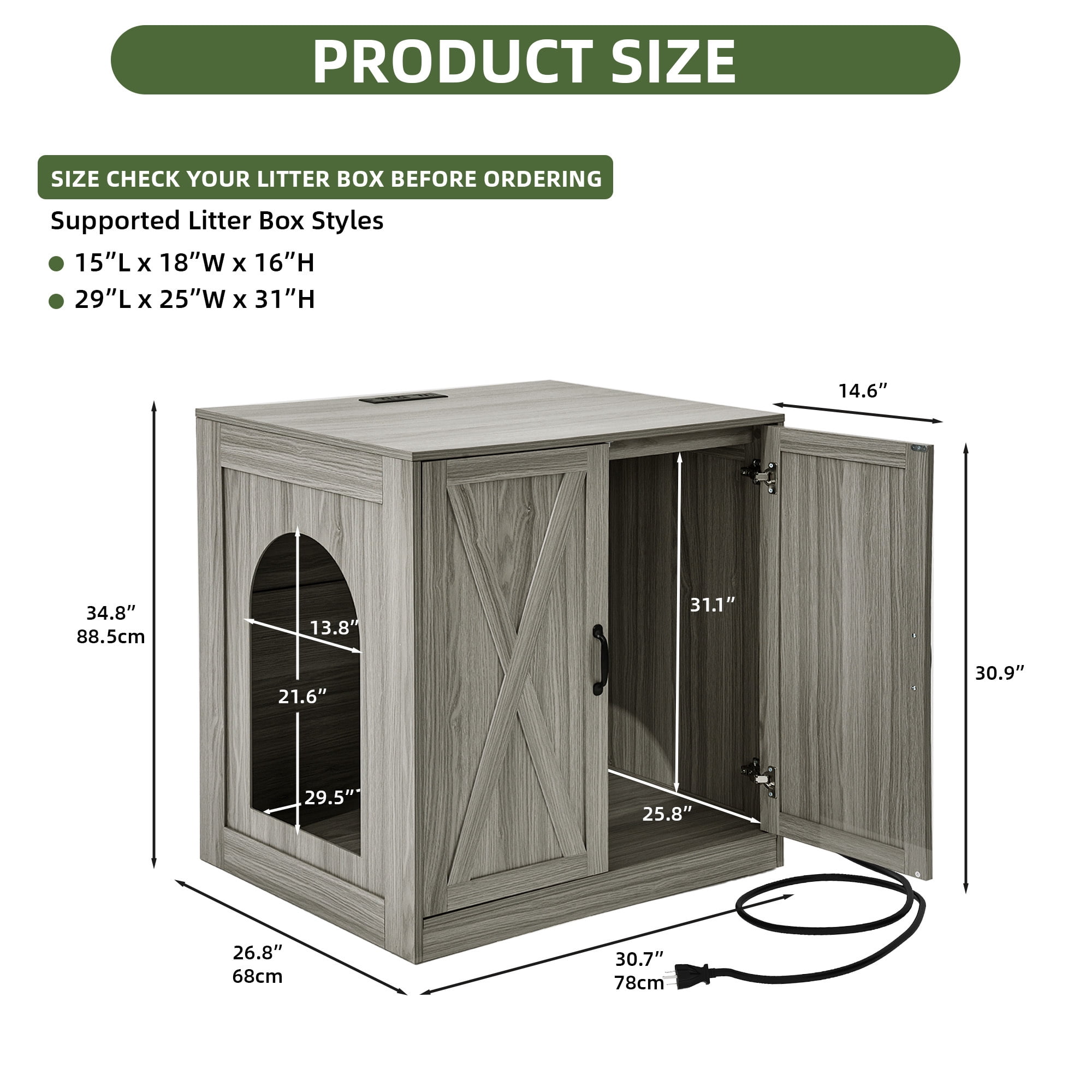 Uforic Large Hidden Electric Litter Box Cabinet with Power Outlets, Wooden Cat Litter Box Enclosure for Self-Cleaning Litter Boxes, Indoor Storage Cat Furniture, Wash Grey