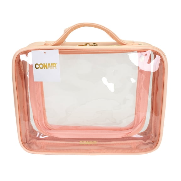 Conair Clear Weekender Bag with Peach Trim, See-Through Travel Organizer with Gold-Ton Hardware