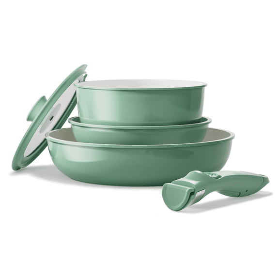Redchef Ceramic Cookware Set, Removable Handle Non-Stick, Detachable Pots and Pans, Dishwasher & Oven Safe (Green)