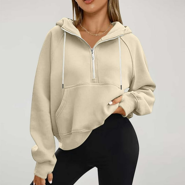 Jsaierl Half Zip Sweatshirts Cropped Hoodies Fleece Drawstring Sweatshirt Fall Winter Tops Solid Color Long Sleeve Pullovers with Pockets