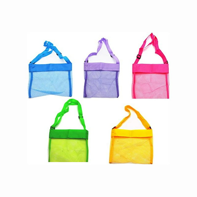 5-PCS Colorful Mesh Beach Bags Portable Foldable Sea Shell Bag with Adjustable Carrying Straps / Toy Storage Bag Yellow, Rose, Purple, Green, Blue Set of 5 Beach Bags
