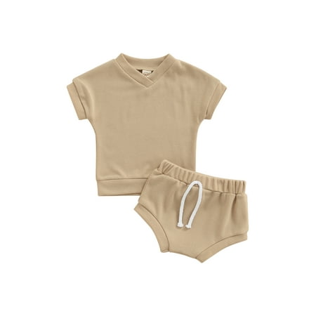 

Canrulo 2pcs Summer Causal Baby Boys Girls Clothes Solid Short Sleeve V Neck Pullover T Shirts Tops Shorts Sets Camel 12-18 Months