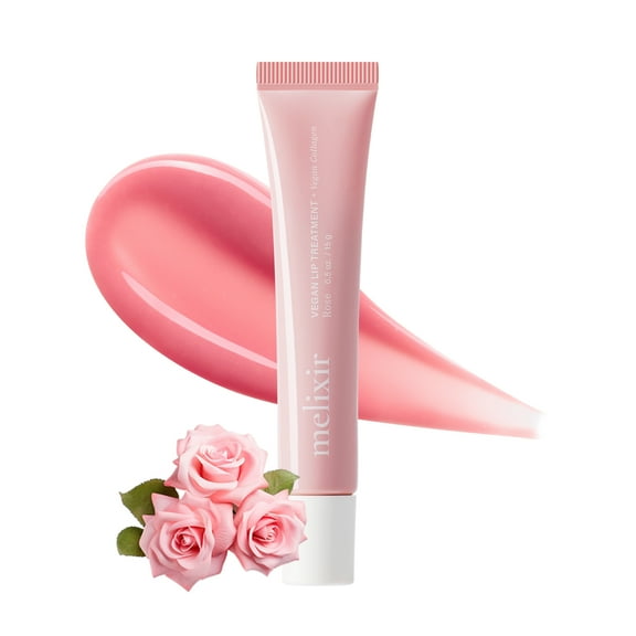 Melixir Vegan Lip Treatment (2 Rose), Sheer Tinted Lip Balm for Instant Hydration & Shine, Moisturizing Lip Gloss, Infused with Vegan Collagen & Jojoba Oil, Cruelty-Free, Korean Skincare (0.5oz)