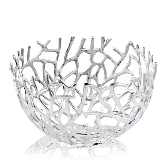 Twigs Round, Silver, Bowl, Holds Fruits, Keys, Phones, Accessories, Fillers, & Spheres, Branches, Tabletop, Accent, Modern, Aluminum, 14.5" x 14.5" x 8.5"
