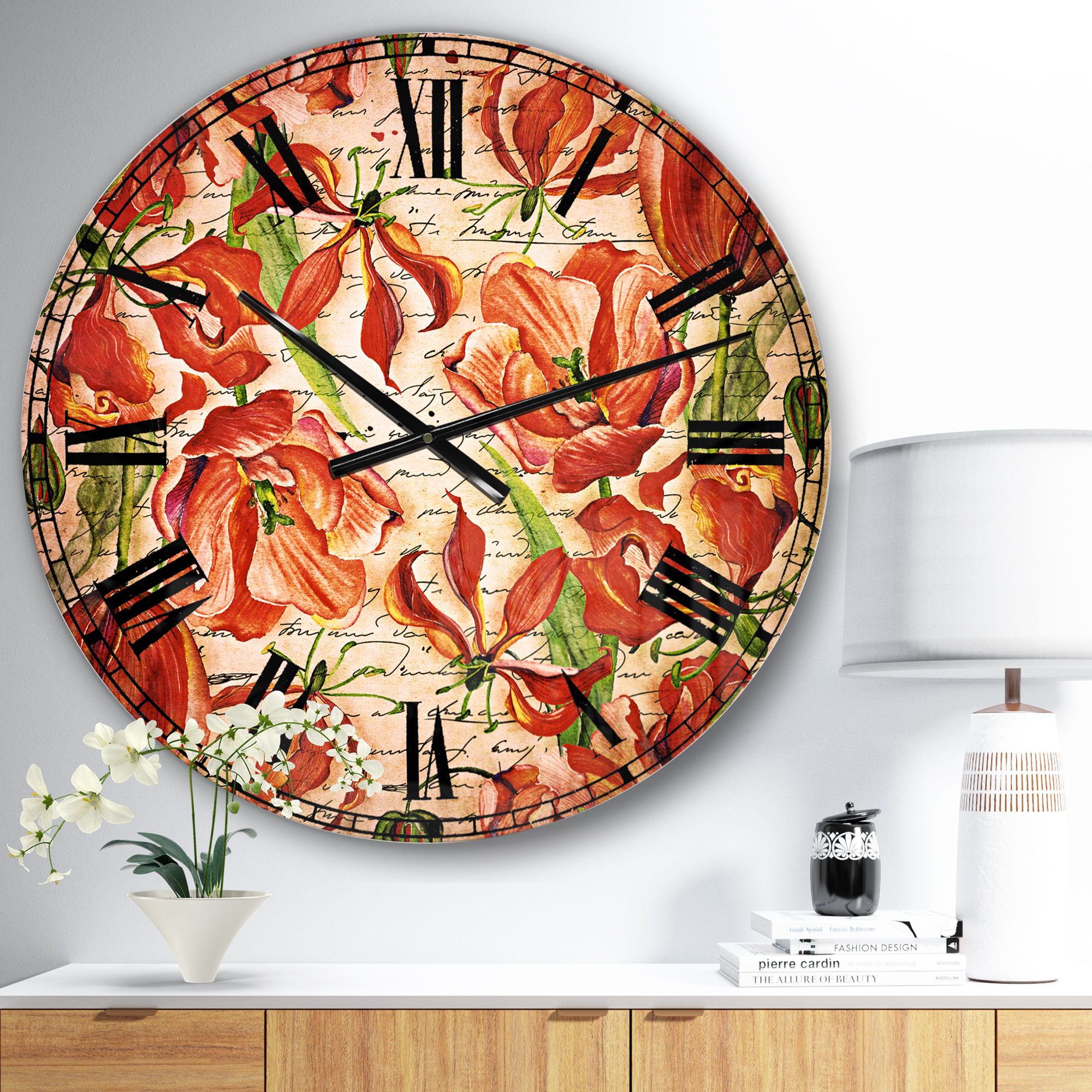 Designart 'Seamless Red Flower Pattern' Traditional wall clock