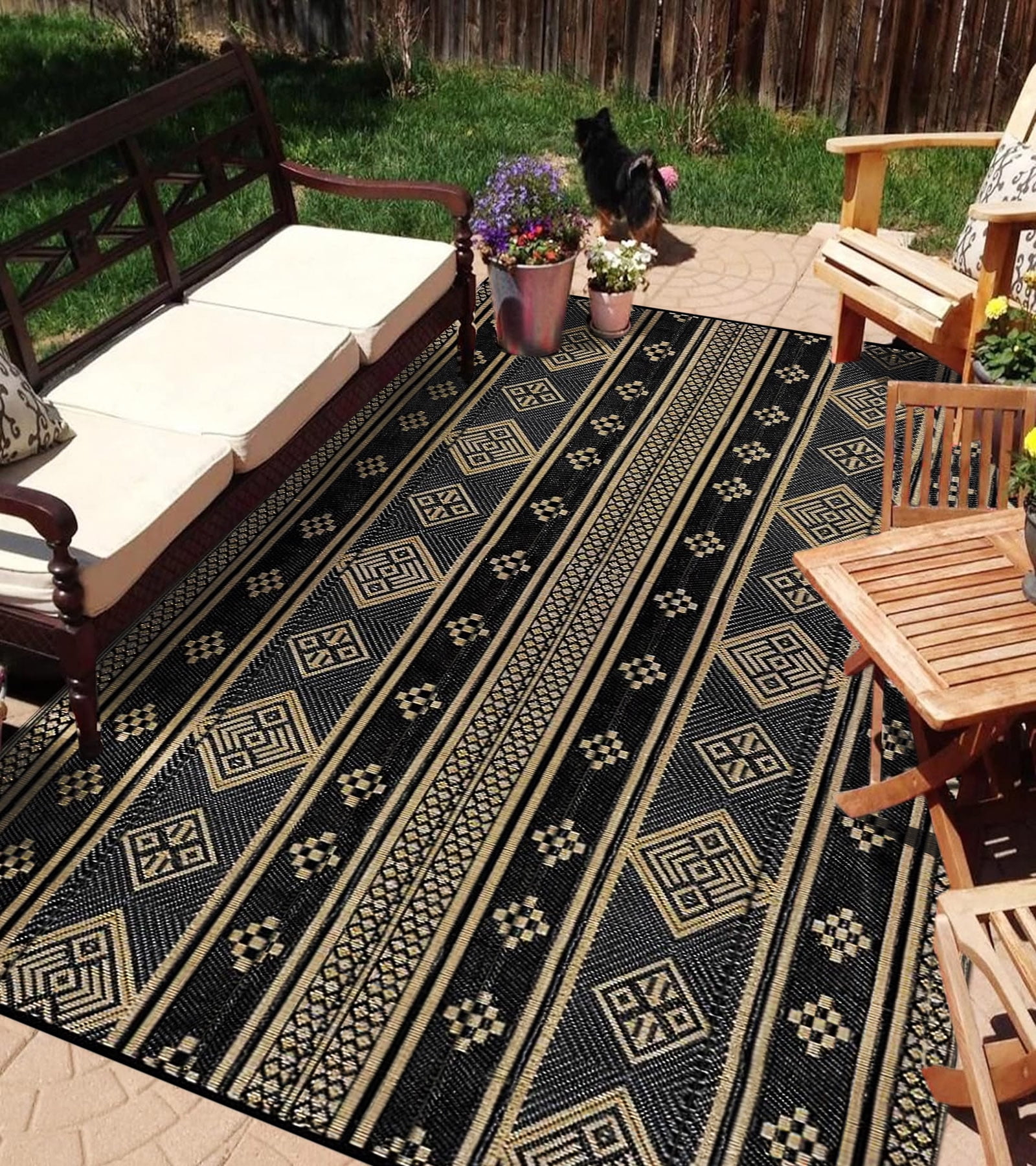 6'x9' Outdoor Rugs, Yamaziot Waterproof Plastic Patio Rug, Reversible Outdoor Mats for RV Camping Picnic Garden Backyard Balcony Porch Beach, Black