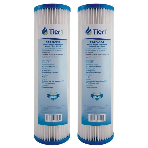 Tier1 20 Micron 10 x 2.5 Water Filter | Pleated Cellulose Whole House Sediment Filter Cartridge | Replacement for American Plumber W20CLA, GE FXWPC, S1A-D | 2.5 x 10 Water Filter (2-Pack)