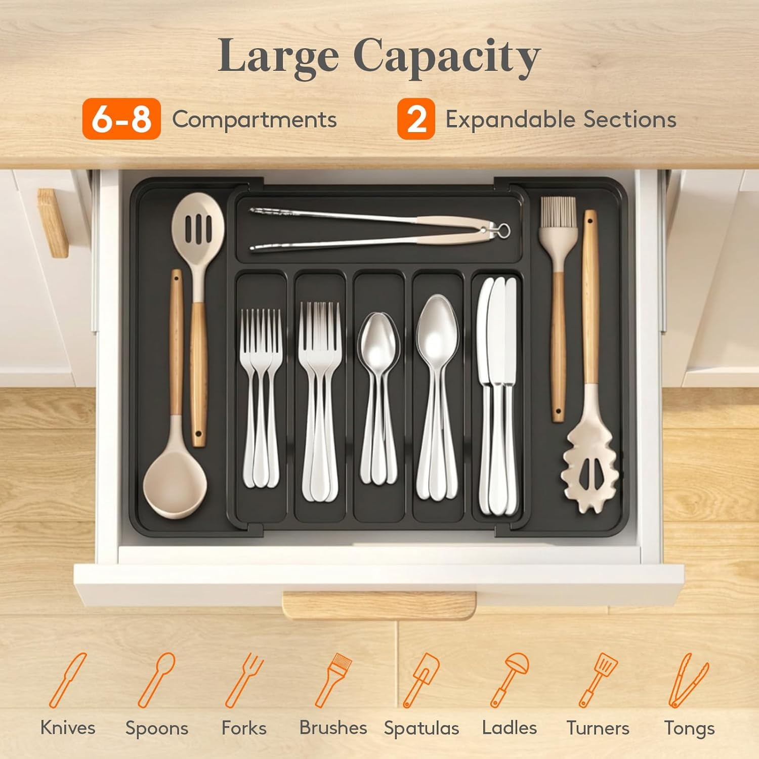 Adjustable Silverware Drawer Organizer, Expandable Utensil Tray for Kitchen Drawers, BPA Free Plastic Flatware Holder for Spoons Forks Knives, 12"-19.1" x 13.8", Black