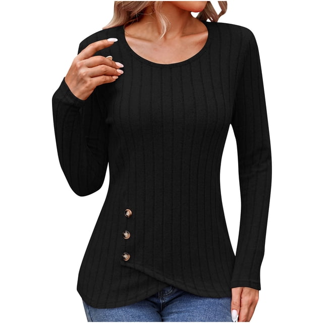 Timegard Blouse for Women Long Sleeve Ribbed Round Neck Button Tops Fall Winter Casual Comfy Tunic Tops