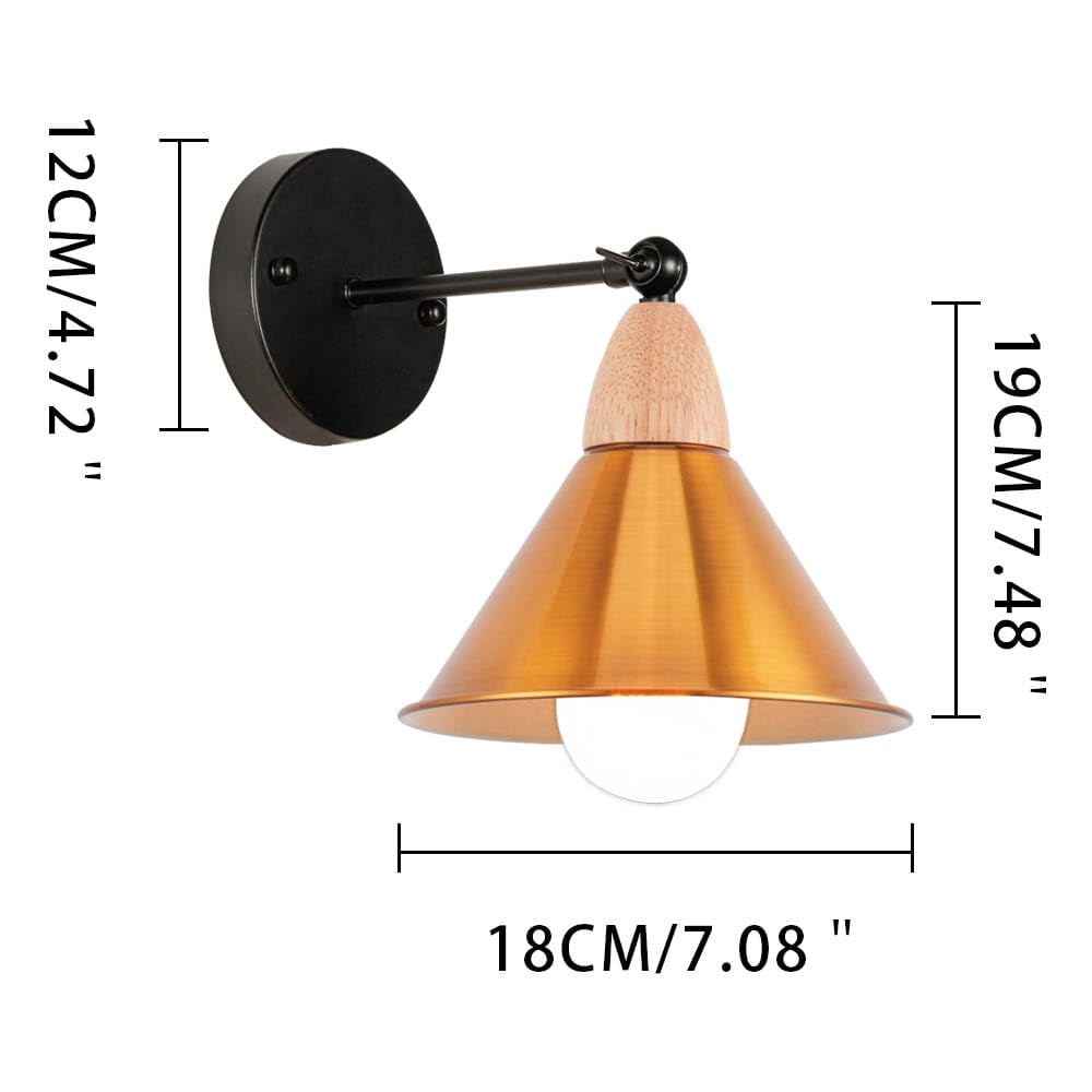 KAYYELAMP Retro Wall Sconce Battery Run Remote Dimmable Lighting Wood Base Gold Metal Shade Industrial Style for Dorm Stairways Laundry Room 2-Pack