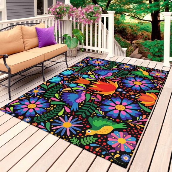 Mexican Flower Outdoor Rug for Patio/Deck/Porch, Non-Slip Large Area Rug 4 x 6 Ft, Abstract Colorful Floral Leaf Plant Indoor Outdoor Rugs Washable Area Rugs, Reversible Camping Rug Carpet Runner