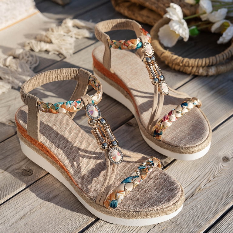dress shoes for beach Modisza Bohemia Wedge Sandals Women Flower Beaded Strappy Low Wedge Heel Summer Sandal for Travel Blue Ivory/Champagne Toe Shape KRONSTADT | Men's Short-Sleeve Semi formal Atria Signature Colors:Maroon