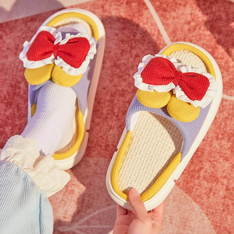 Aueoeo Slippers for hospital delivery Women s Shoes Linen Slippers Home Warm Bow Soft Sole Non Slip Slippers