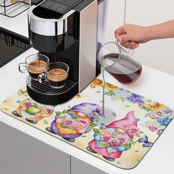 Cute Gnomes Dish Drying Mats for Kitchen Counter, Country Spring Colorful Flowers Butterfly Gradient Yellow Absorbent Coffee Mat with Non-slip Rubber Backed Quick Drying Dish Rack Pad 16"x18"