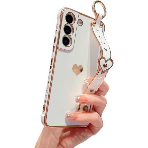 XIHAMA Compatible with Samsung Galaxy S22 Plus Case Plating with Wrist Strap, Luxury Heart for Women Girls Full Camera Protection Raised Reinforced Corners Shockproof Soft TPU Cover