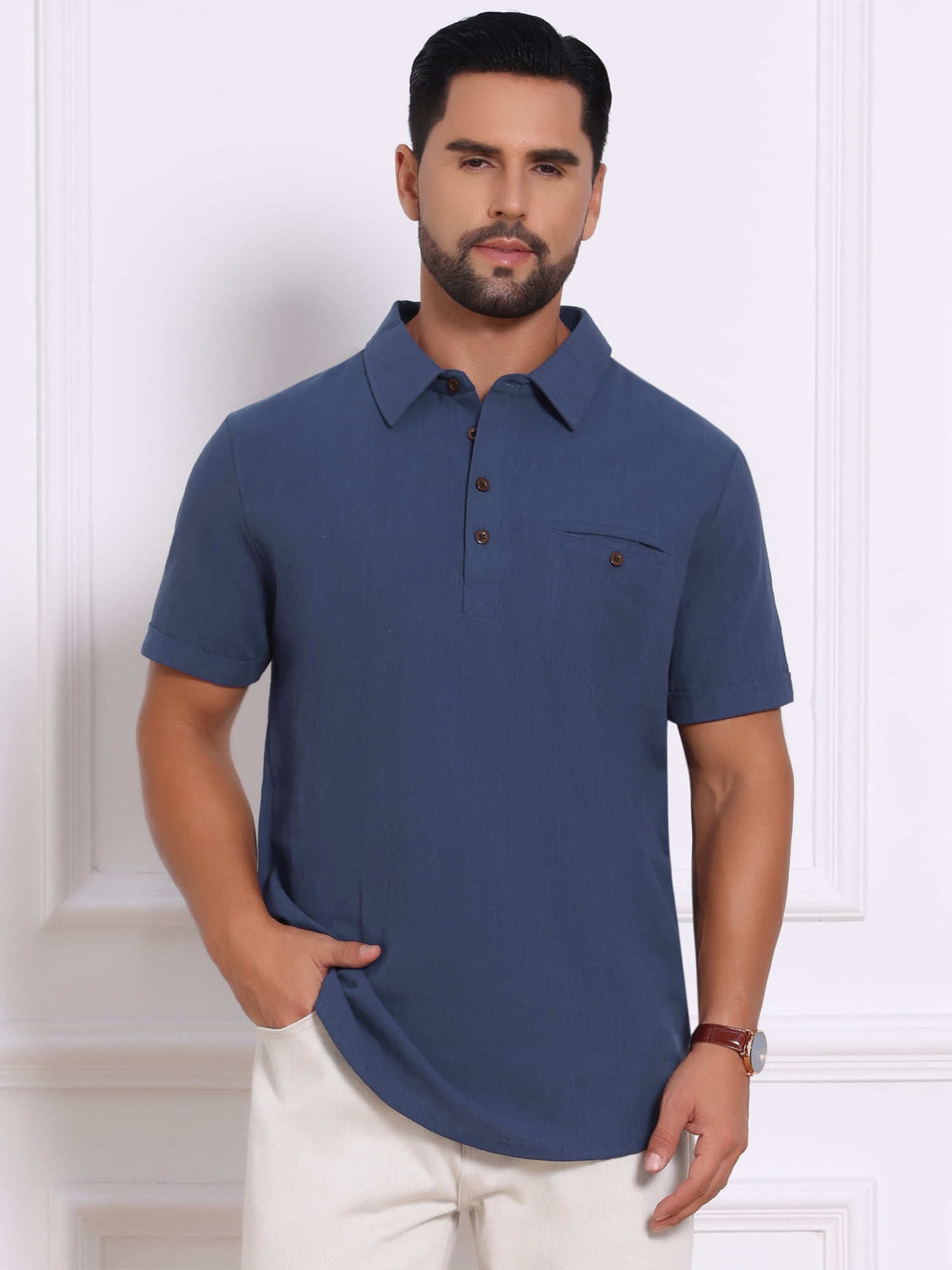 DARING DIVA Men's Linen Chest Pocket Short Sleeve Casual Hawaiian Shirts S Dark Blue