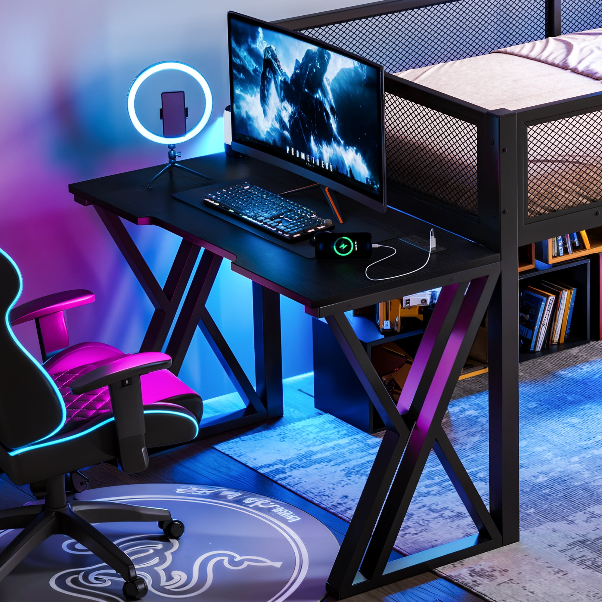 Leumius Twin XL Size Loft Bed with Gaming Desk,Metal Loft Bed Frame with Full Length Guardrail,LED Lights and USB Ports,Space-Saving,Black
