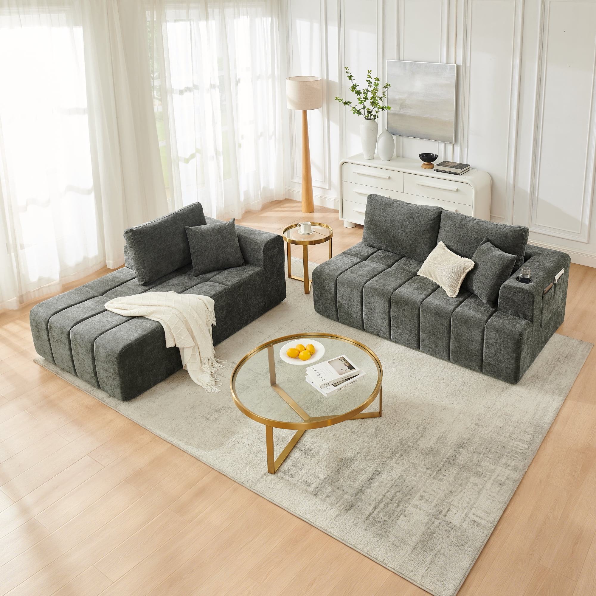 Leumius 108" L-Shaped Sectional Sofa,Chenille Boneless Couch, Modern 3-Seat Upholstered Cloud Couch Sectional with Deep Seat and Cup Holders for Living Room,No Assembly Required,Dark Gray