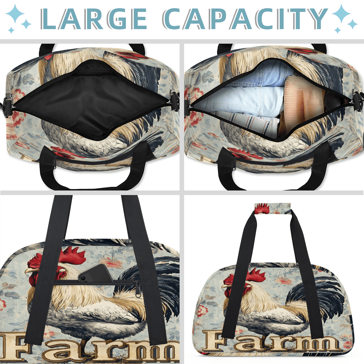 Herdesigns Roosters And Chickens Sports Duffle Bags Travel Duffle Bag Gym Bag Flower Weekender Travel Bag Waterproof Overnight Bag Carry On Travel Tote Bag Dance Bags