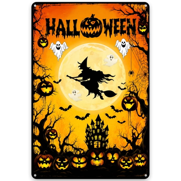 Halloween Metal Wall Decor Sign 8x12 Inch with Witch, Bats, Ghosts, and Haunted House Theme, Vintage Rustic Style Iron Plaque for Home Decor, Easy Hanging Indoor/Outdoor Use