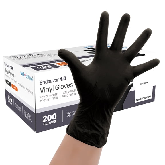 WellBefore Disposable Synmax 4g Food Grade Vinyl Gloves, Black, Large, 200pcs